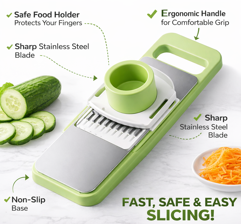 5-in-1 Vegetable & Fruit Slicer – Sharp Stainless Steel Mandoline with Safety Guard